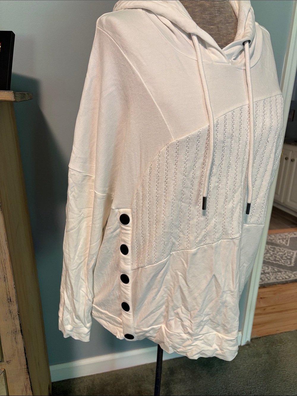 CAbi #5920 White ATC Roundtrip Hooded Side Button Accent Sweatshirt - Picture 2 of 10